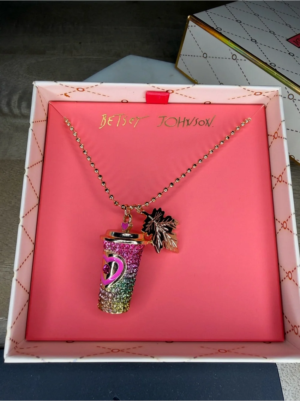 Betsey Johnson Pink Gold Jeweled Coffee Cup Charm Necklace
